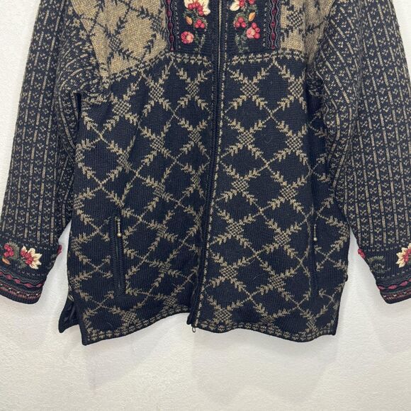 Vintage Icelandic Design Sweater Jacket Large Black Wool Zip Floral Cardigan 00s - Picture 6 of 12